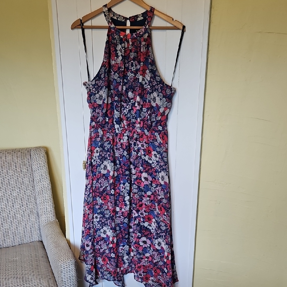 BCBG Paris Chiffon Dress Medium Halter Floral Midi Sheer Sleeveless Size M